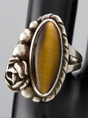 Vintage Southwestern Tiger Eye Sterling Silver Ring with Rose Motif Size 8
